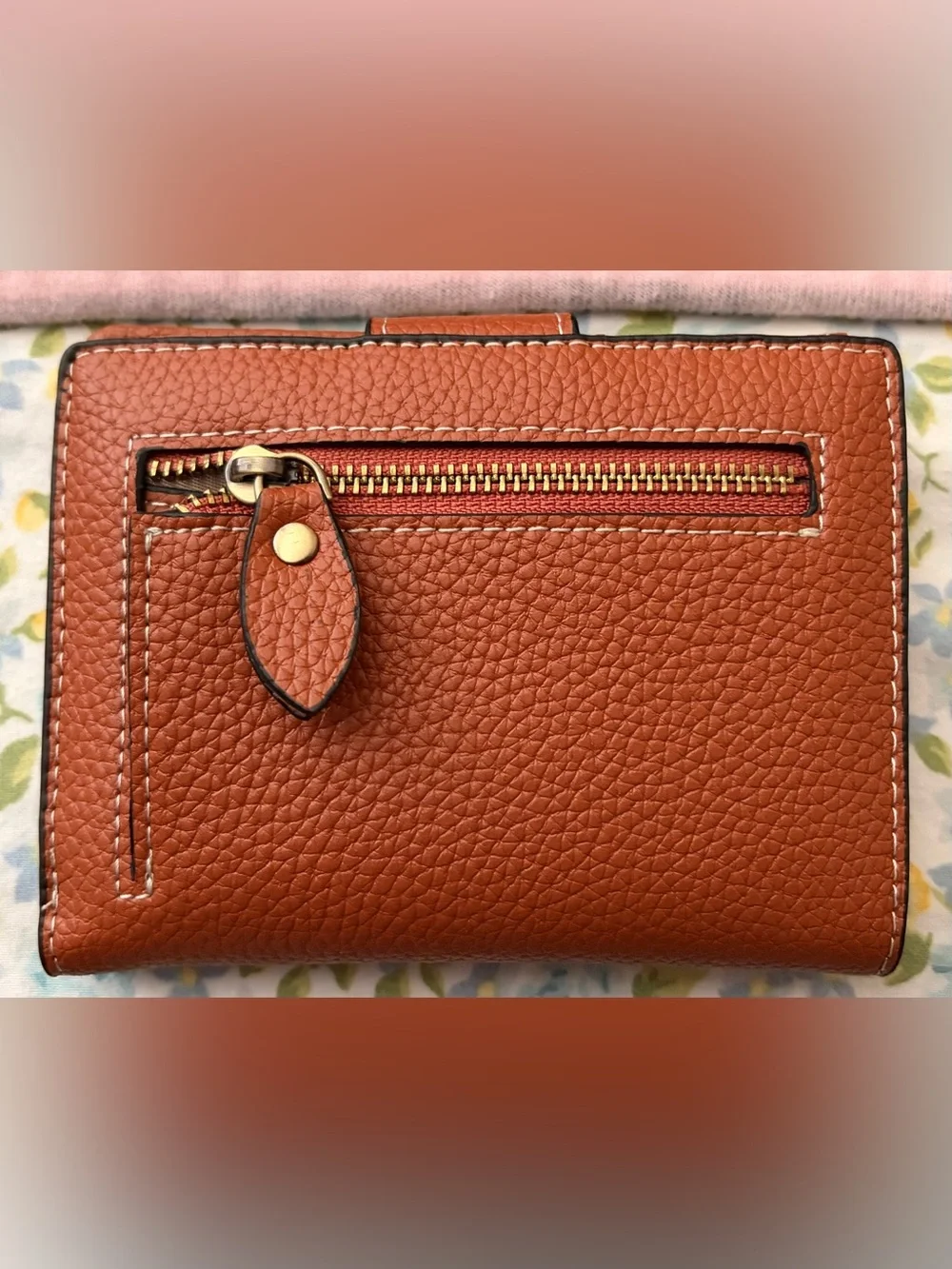 Women's Tan Leather Wallet with Floral Button Accent - NWOT